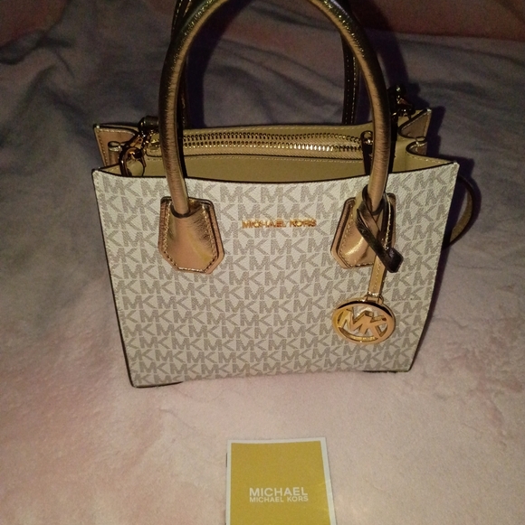 Michael Kors Monogram Beige and Gold Satchel